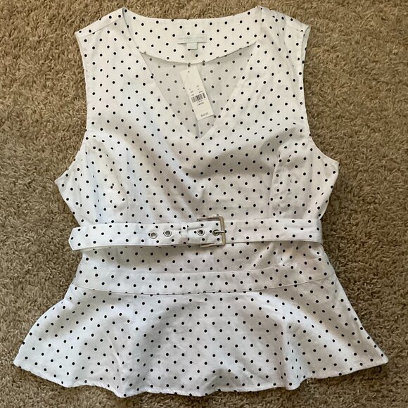 NY & Co 7th Ave Sleeveless B & W Polka Dot V Neck Peplum Top w/ Belt, Large, NWT - Picture 3 of 9
